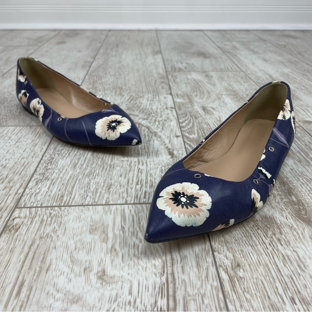 J.CREW 8 Leather Floral Blue Women's Flats Midnight Poppy Navy Shoe